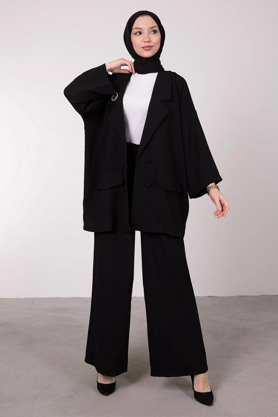 Tesettür giyim SİYAH GENİŞ PAÇA İKİLİ PANTOLONLU TAKIM T 7295