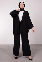 Tesettür giyim SİYAH GENİŞ PAÇA İKİLİ PANTOLONLU TAKIM T 7295