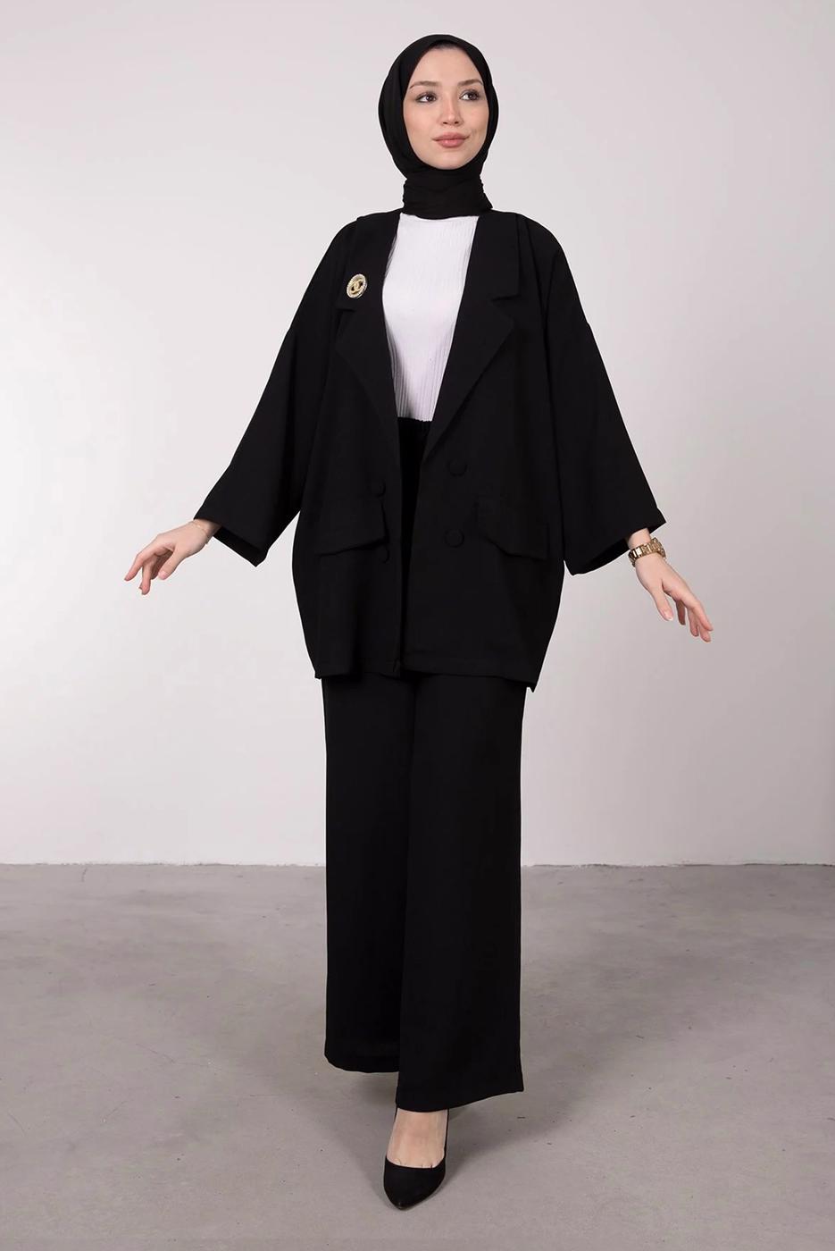 Tesettür giyim SİYAH GENİŞ PAÇA İKİLİ PANTOLONLU TAKIM T 7295