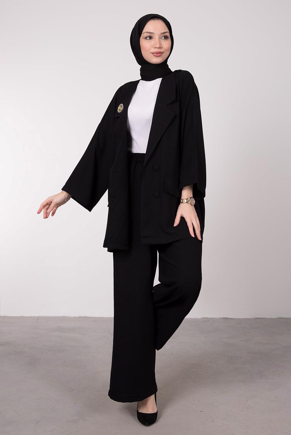 Tesettür giyim SİYAH GENİŞ PAÇA İKİLİ PANTOLONLU TAKIM T 7295