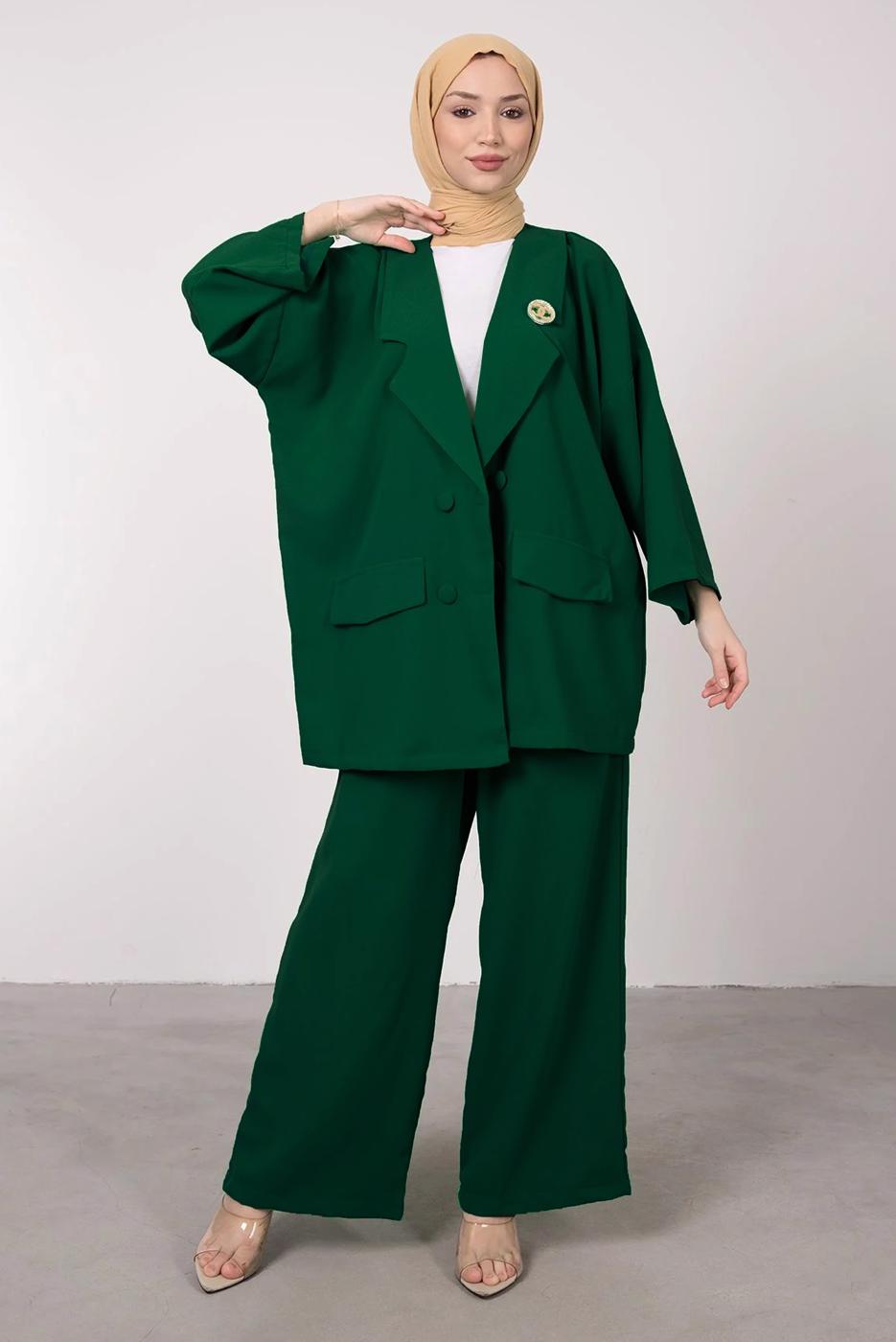 Tesettür giyim YEŞİL GENİŞ PAÇA İKİLİ PANTOLONLU TAKIM T 7295