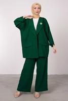 Tesettür giyim YEŞİL GENİŞ PAÇA İKİLİ PANTOLONLU TAKIM T 7295