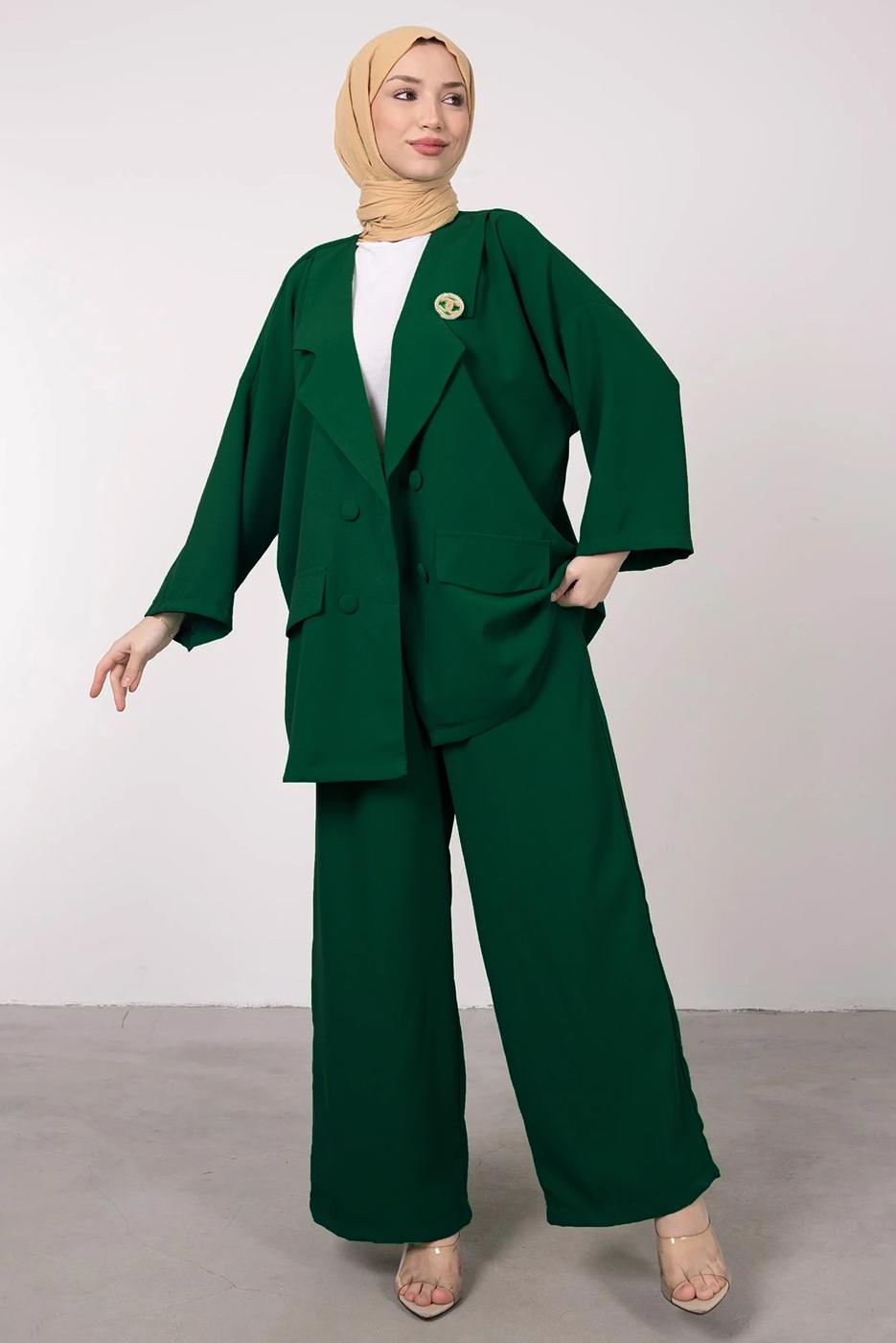 Tesettür giyim YEŞİL GENİŞ PAÇA İKİLİ PANTOLONLU TAKIM T 7295