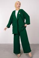 Tesettür giyim YEŞİL GENİŞ PAÇA İKİLİ PANTOLONLU TAKIM T 7295