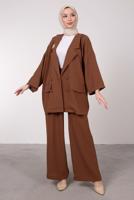 Tesettür giyim KAHVE GENİŞ PAÇA İKİLİ PANTOLONLU TAKIM T 7295