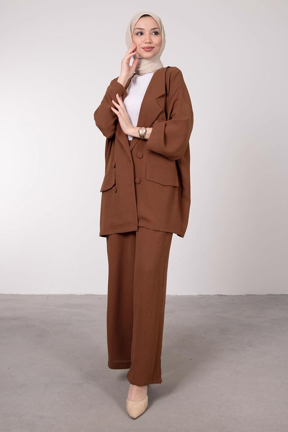 Tesettür giyim KAHVE GENİŞ PAÇA İKİLİ PANTOLONLU TAKIM T 7295