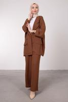 Tesettür giyim KAHVE GENİŞ PAÇA İKİLİ PANTOLONLU TAKIM T 7295