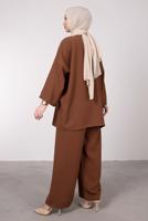 Tesettür giyim KAHVE GENİŞ PAÇA İKİLİ PANTOLONLU TAKIM T 7295