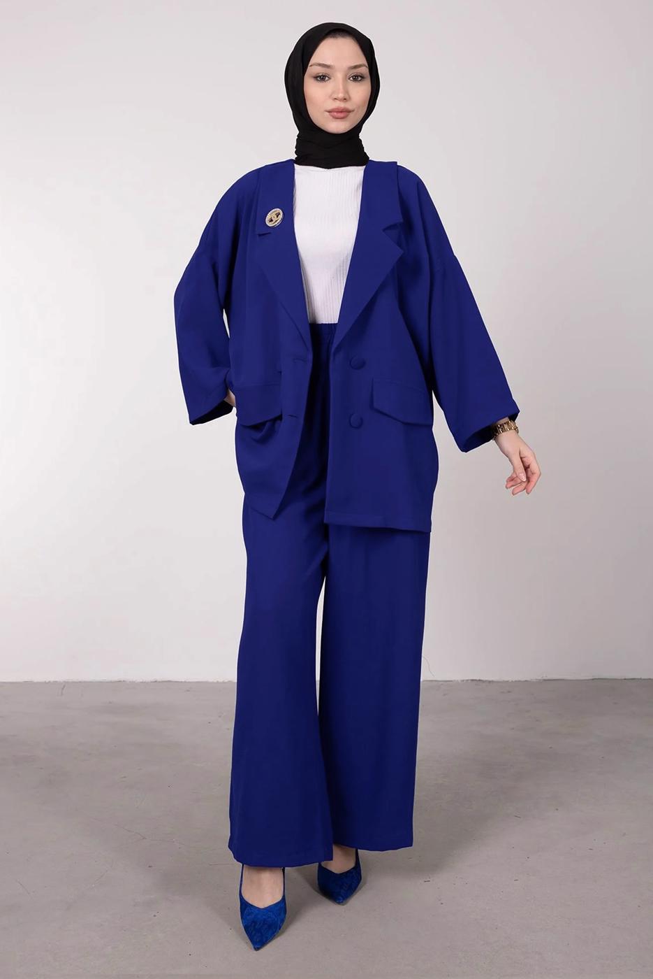 Tesettür giyim LACİVERT GENİŞ PAÇA İKİLİ PANTOLONLU TAKIM T 7295