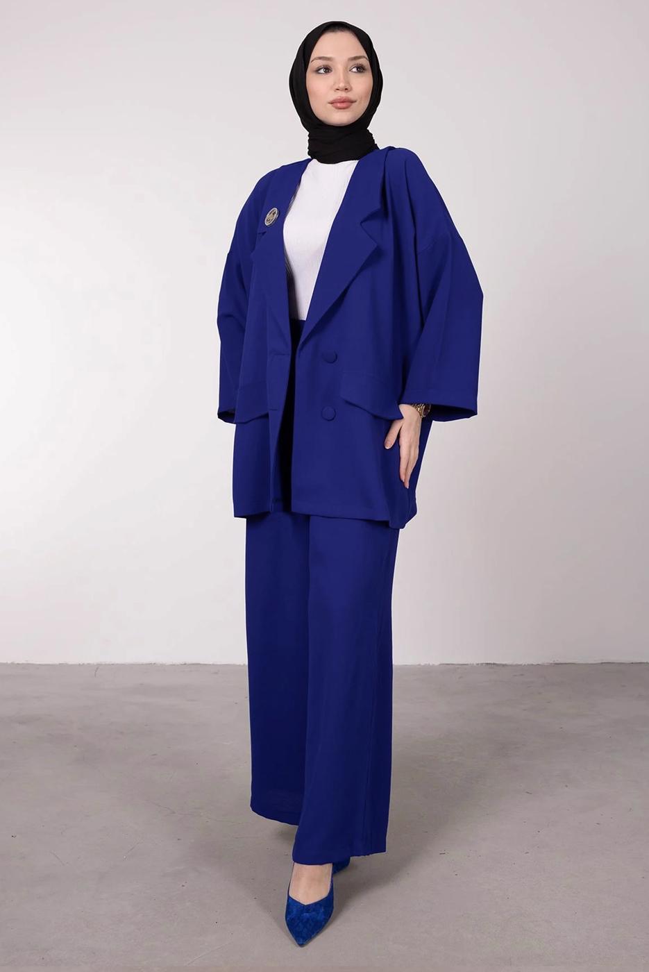 Tesettür giyim LACİVERT GENİŞ PAÇA İKİLİ PANTOLONLU TAKIM T 7295