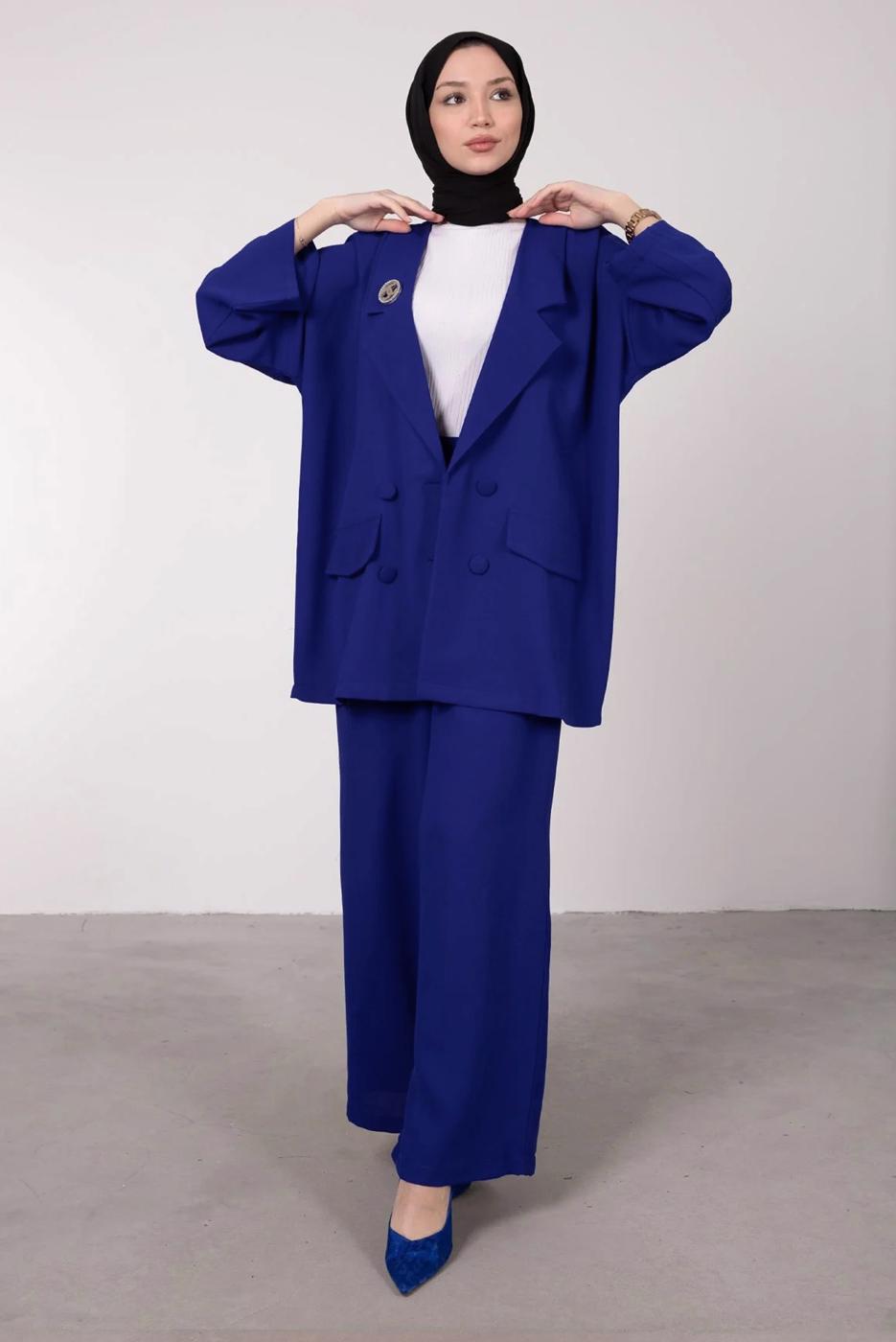 Tesettür giyim LACİVERT GENİŞ PAÇA İKİLİ PANTOLONLU TAKIM T 7295