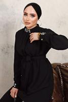 Tesettür giyim SİYAH YAKASI VE MANŞETLERİ TAŞLI İKİLİ PANTOLONLU TAKIM T 7303