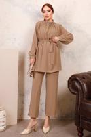 Tesettür giyim KAHVE YAKASI VE MANŞETLERİ TAŞLI İKİLİ PANTOLONLU TAKIM T 7303