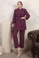 Tesettür giyim MÜRDÜM YAKASI VE MANŞETLERİ TAŞLI İKİLİ PANTOLONLU TAKIM T 7303