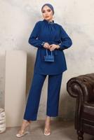 Tesettür giyim LACİVERT YAKASI VE MANŞETLERİ TAŞLI İKİLİ PANTOLONLU TAKIM T 7303