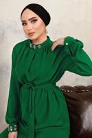 Tesettür giyim YEŞİL YAKASI VE MANŞETLERİ TAŞLI İKİLİ PANTOLONLU TAKIM T 7303
