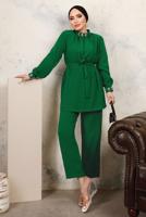 Tesettür giyim YEŞİL YAKASI VE MANŞETLERİ TAŞLI İKİLİ PANTOLONLU TAKIM T 7303