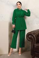 Tesettür giyim YEŞİL YAKASI VE MANŞETLERİ TAŞLI İKİLİ PANTOLONLU TAKIM T 7303