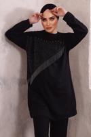 Tesettür giyim SİYAH ZİNCİR DETAYLI TAŞLI İKİLİ PANTOLONLU TAKIM T 7392