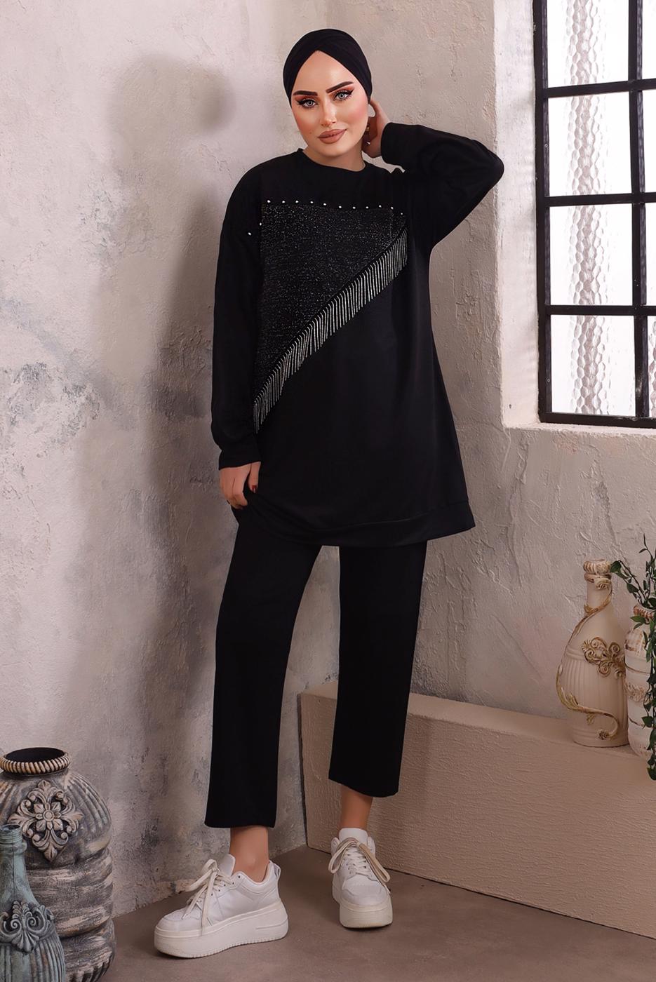 Tesettür giyim SİYAH ZİNCİR DETAYLI TAŞLI İKİLİ PANTOLONLU TAKIM T 7392