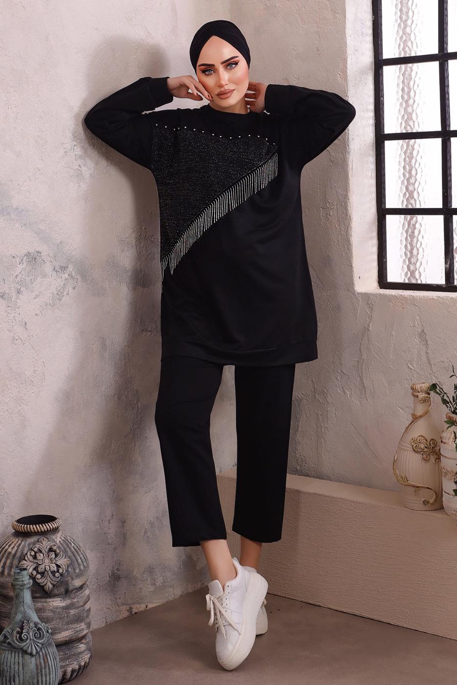 Tesettür giyim SİYAH ZİNCİR DETAYLI TAŞLI İKİLİ PANTOLONLU TAKIM T 7392