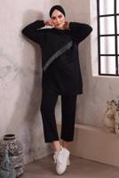 Tesettür giyim SİYAH ZİNCİR DETAYLI TAŞLI İKİLİ PANTOLONLU TAKIM T 7392