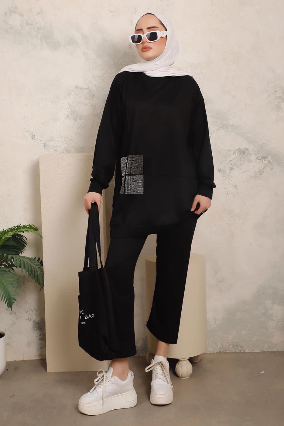 Tesettür giyim SİYAH TAŞ İŞLEME DETAYLI İKİLİ PANTOLONLU TAKIM T 7403