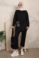 Tesettür giyim SİYAH TAŞ İŞLEME DETAYLI İKİLİ PANTOLONLU TAKIM T 7403