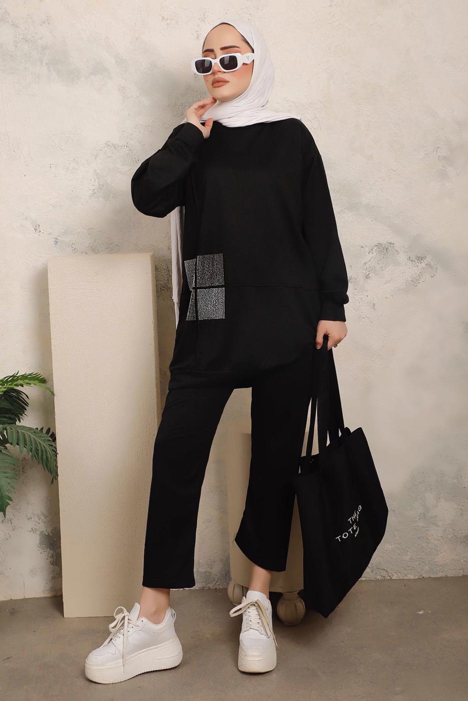 Tesettür giyim SİYAH TAŞ İŞLEME DETAYLI İKİLİ PANTOLONLU TAKIM T 7403