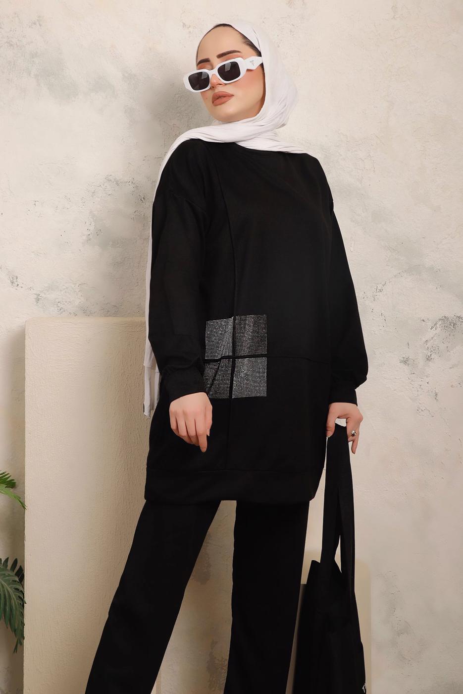 Tesettür giyim SİYAH TAŞ İŞLEME DETAYLI İKİLİ PANTOLONLU TAKIM T 7403