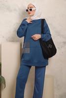 Tesettür giyim MAVİ TAŞ İŞLEME DETAYLI İKİLİ PANTOLONLU TAKIM T 7403