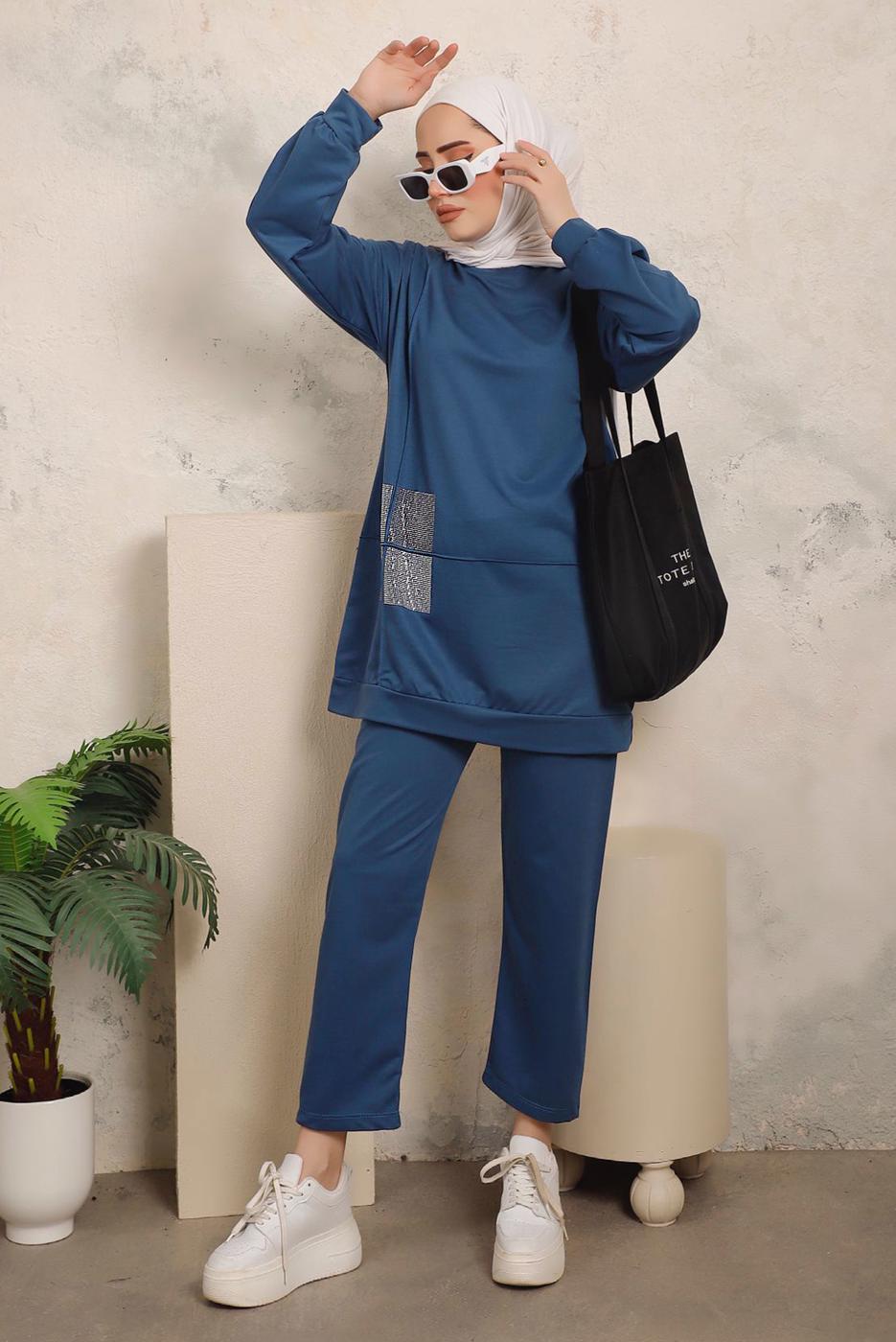 Tesettür giyim MAVİ TAŞ İŞLEME DETAYLI İKİLİ PANTOLONLU TAKIM T 7403