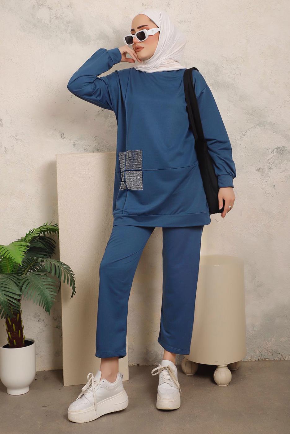 Tesettür giyim MAVİ TAŞ İŞLEME DETAYLI İKİLİ PANTOLONLU TAKIM T 7403