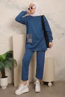 Tesettür giyim MAVİ TAŞ İŞLEME DETAYLI İKİLİ PANTOLONLU TAKIM T 7403