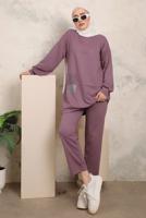 Tesettür giyim MOR TAŞ İŞLEME DETAYLI İKİLİ PANTOLONLU TAKIM T 7403
