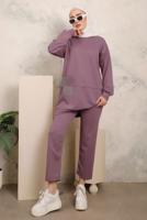 Tesettür giyim MOR TAŞ İŞLEME DETAYLI İKİLİ PANTOLONLU TAKIM T 7403