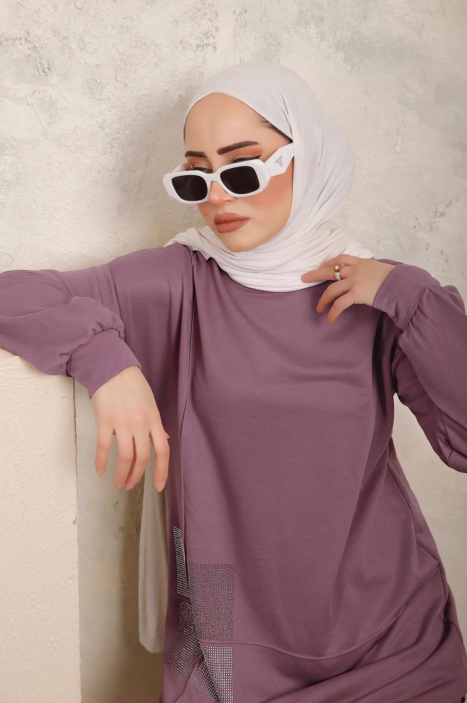 Tesettür giyim MOR TAŞ İŞLEME DETAYLI İKİLİ PANTOLONLU TAKIM T 7403