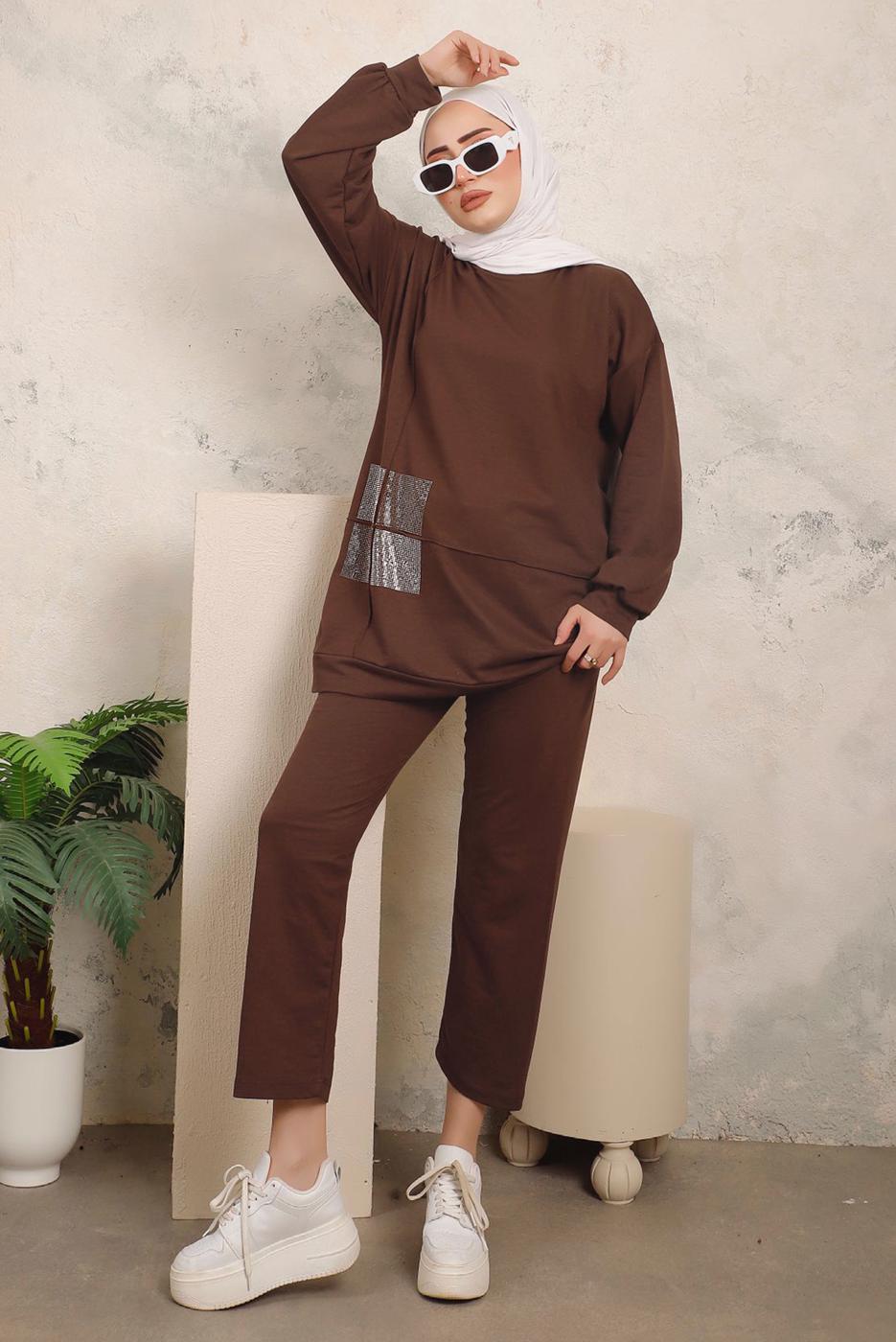Tesettür giyim KAHVE TAŞ İŞLEME DETAYLI İKİLİ PANTOLONLU TAKIM T 7403