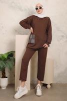 Tesettür giyim KAHVE TAŞ İŞLEME DETAYLI İKİLİ PANTOLONLU TAKIM T 7403