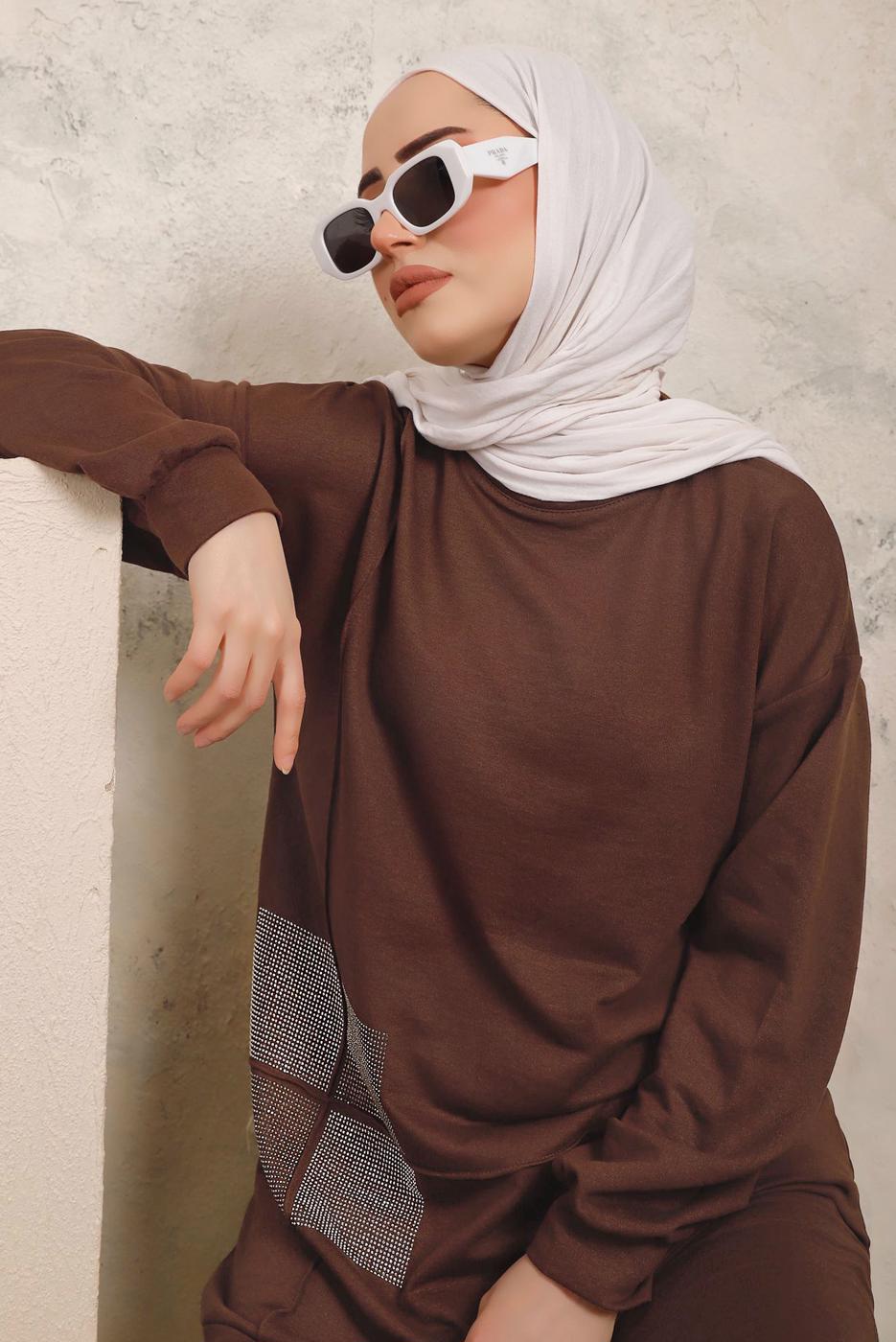 Tesettür giyim KAHVE TAŞ İŞLEME DETAYLI İKİLİ PANTOLONLU TAKIM T 7403