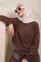 Tesettür giyim KAHVE TAŞ İŞLEME DETAYLI İKİLİ PANTOLONLU TAKIM T 7403