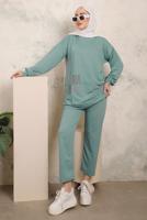 Tesettür giyim YEŞİL TAŞ İŞLEME DETAYLI İKİLİ PANTOLONLU TAKIM T 7403