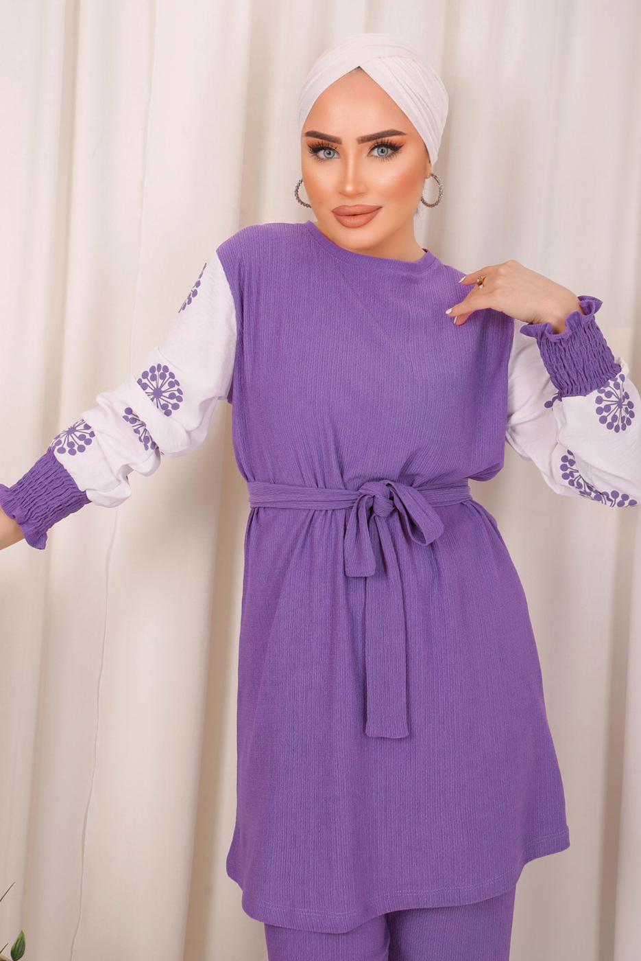 Tesettür giyim MOR KOLU DESENLİ KUŞAKLI PANTOLONLU BÜRÜMCÜK TAKIM T 7603
