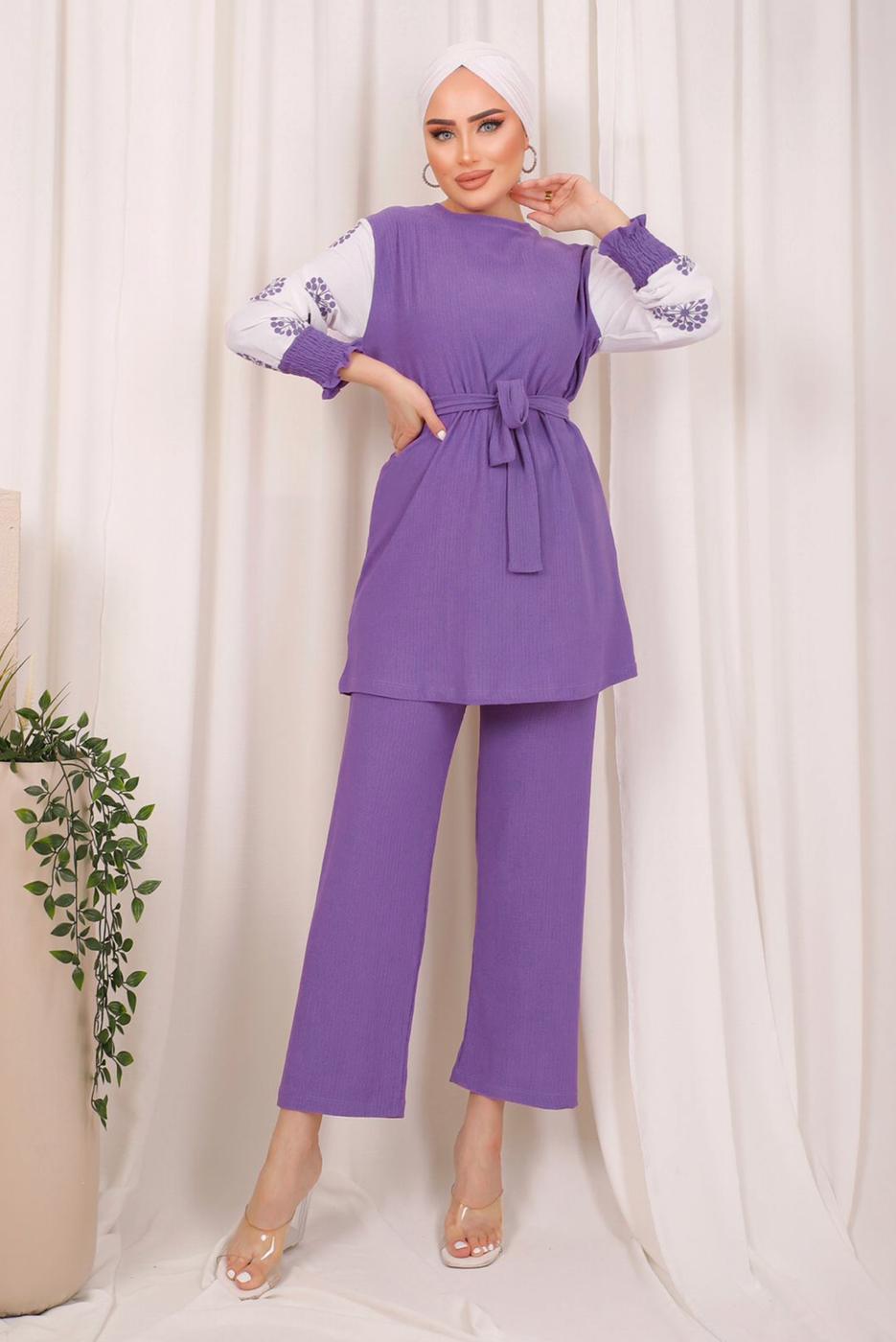 Tesettür giyim MOR KOLU DESENLİ KUŞAKLI PANTOLONLU BÜRÜMCÜK TAKIM T 7603