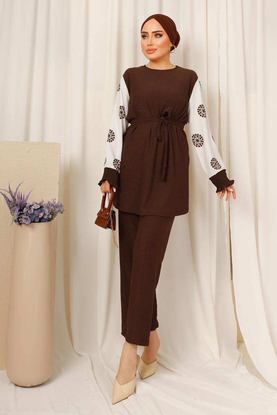 Tesettür giyim KAHVE KOLU DESENLİ KUŞAKLI PANTOLONLU BÜRÜMCÜK TAKIM T 7603