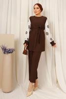 Tesettür giyim KAHVE KOLU DESENLİ KUŞAKLI PANTOLONLU BÜRÜMCÜK TAKIM T 7603