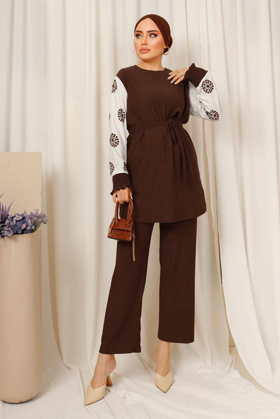 Tesettür giyim KAHVE KOLU DESENLİ KUŞAKLI PANTOLONLU BÜRÜMCÜK TAKIM T 7603