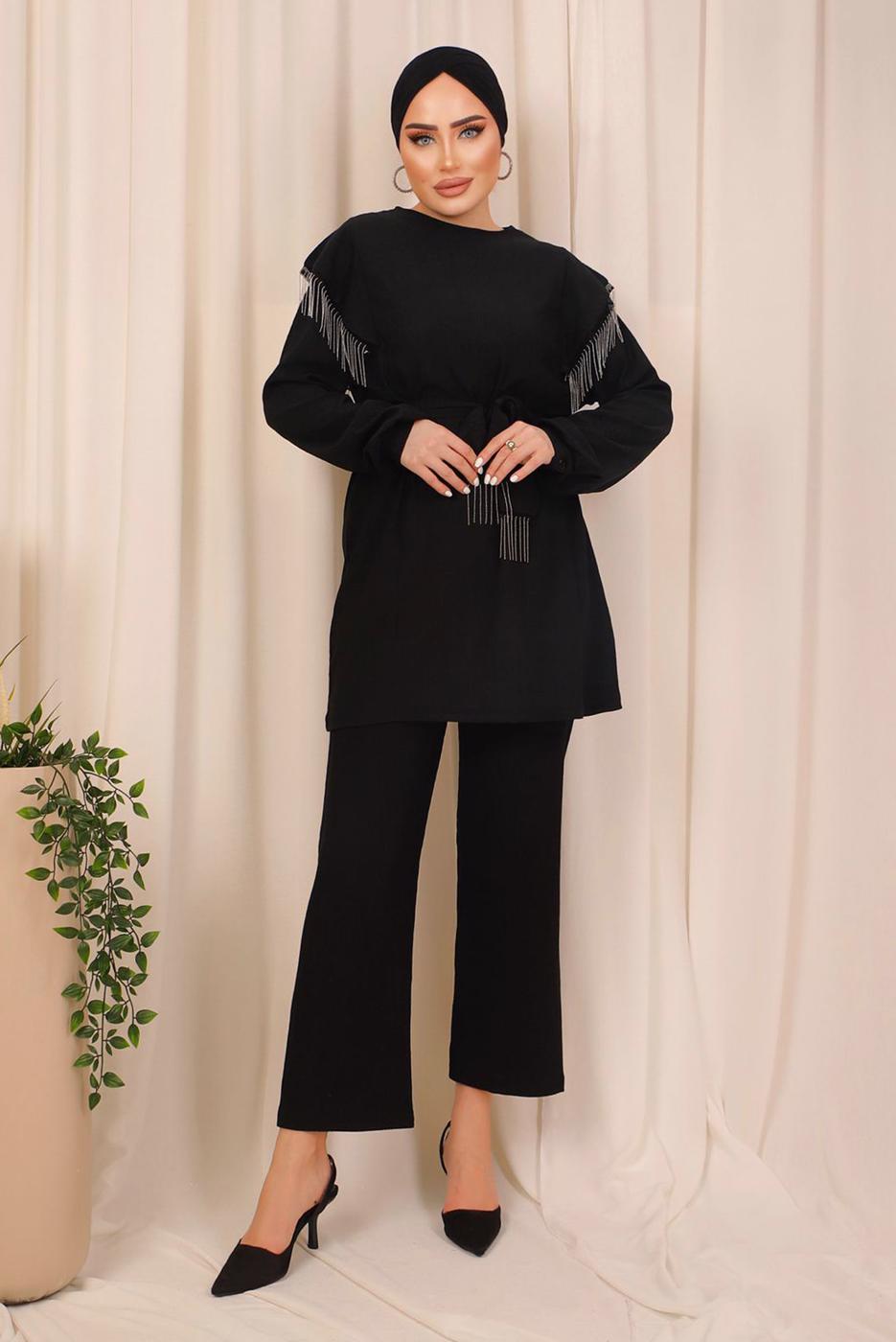 Tesettür giyim SİYAH ZİNCİR DETAYLI KUŞAKLI PANTOLONLU TAKIM T 7703