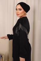 Tesettür giyim SİYAH ZİNCİR DETAYLI KUŞAKLI PANTOLONLU TAKIM T 7703