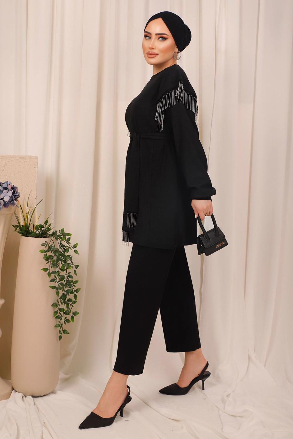 Tesettür giyim SİYAH ZİNCİR DETAYLI KUŞAKLI PANTOLONLU TAKIM T 7703